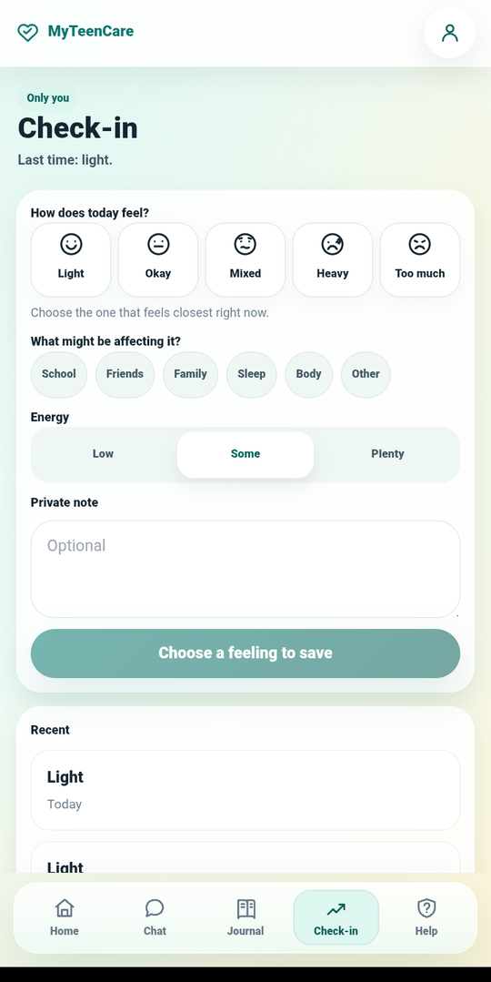 MyTeenCare.AI check-in screen for recording how today feels