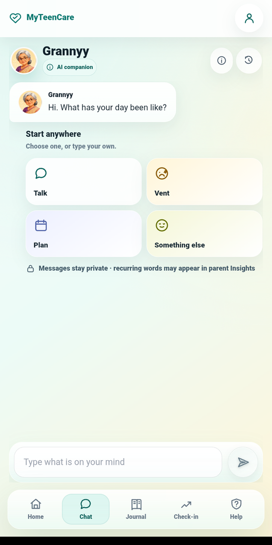 MyTeenCare.AI companion chat, noting that messages stay private