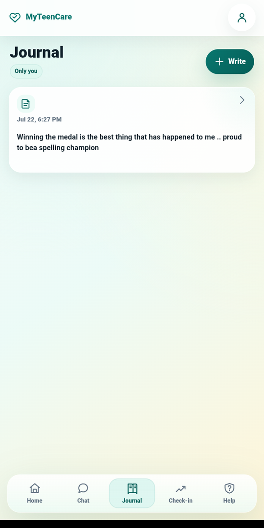 MyTeenCare.AI journal, marked visible only to the teen