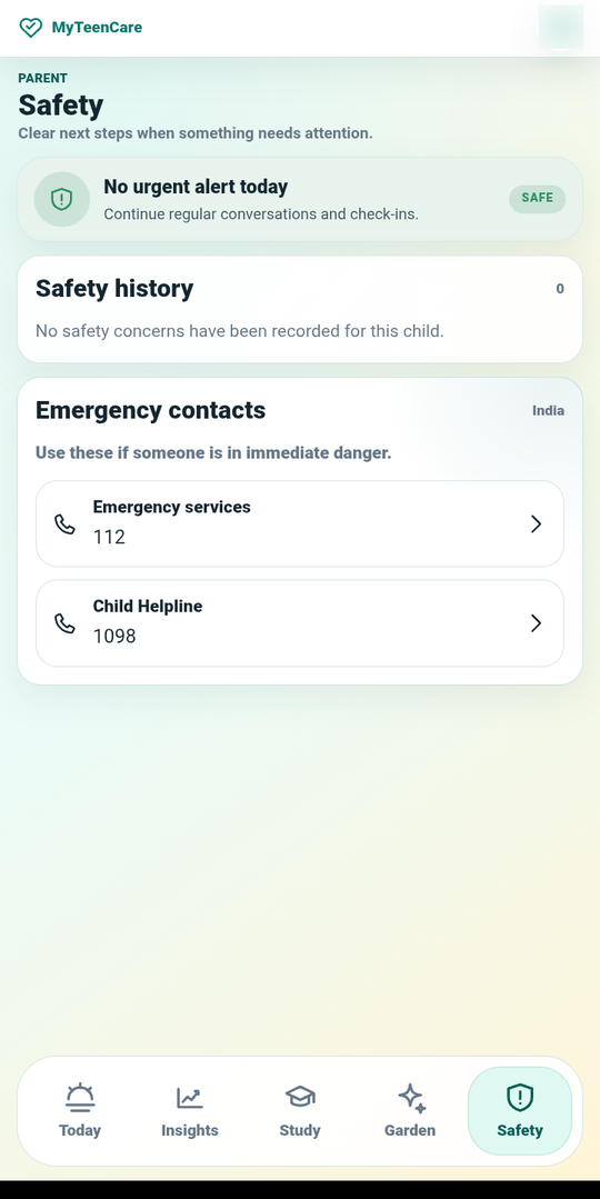 MyTeenCare.AI parent safety view with emergency contacts for India