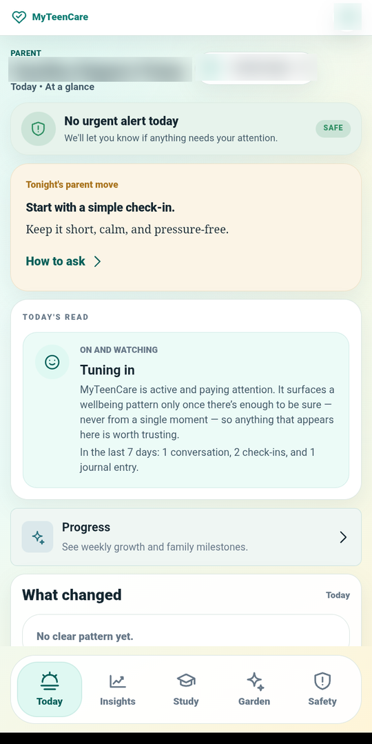 MyTeenCare.AI parent view showing today at a glance, with no urgent alert and a suggested way to start a conversation